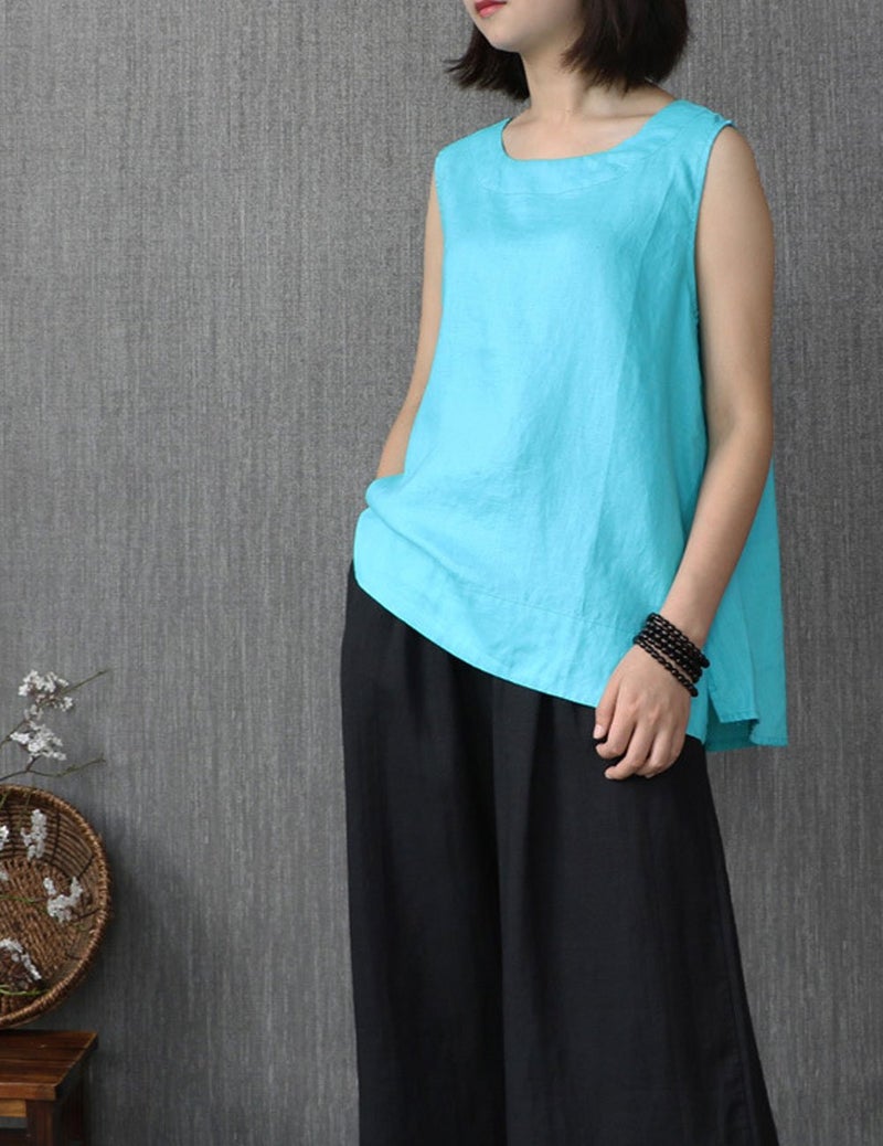 IXIMO Women's 100% Linen Sleeveless Tank Tops Summer Shirts Casual Blouses Blue2 XL - Image 3